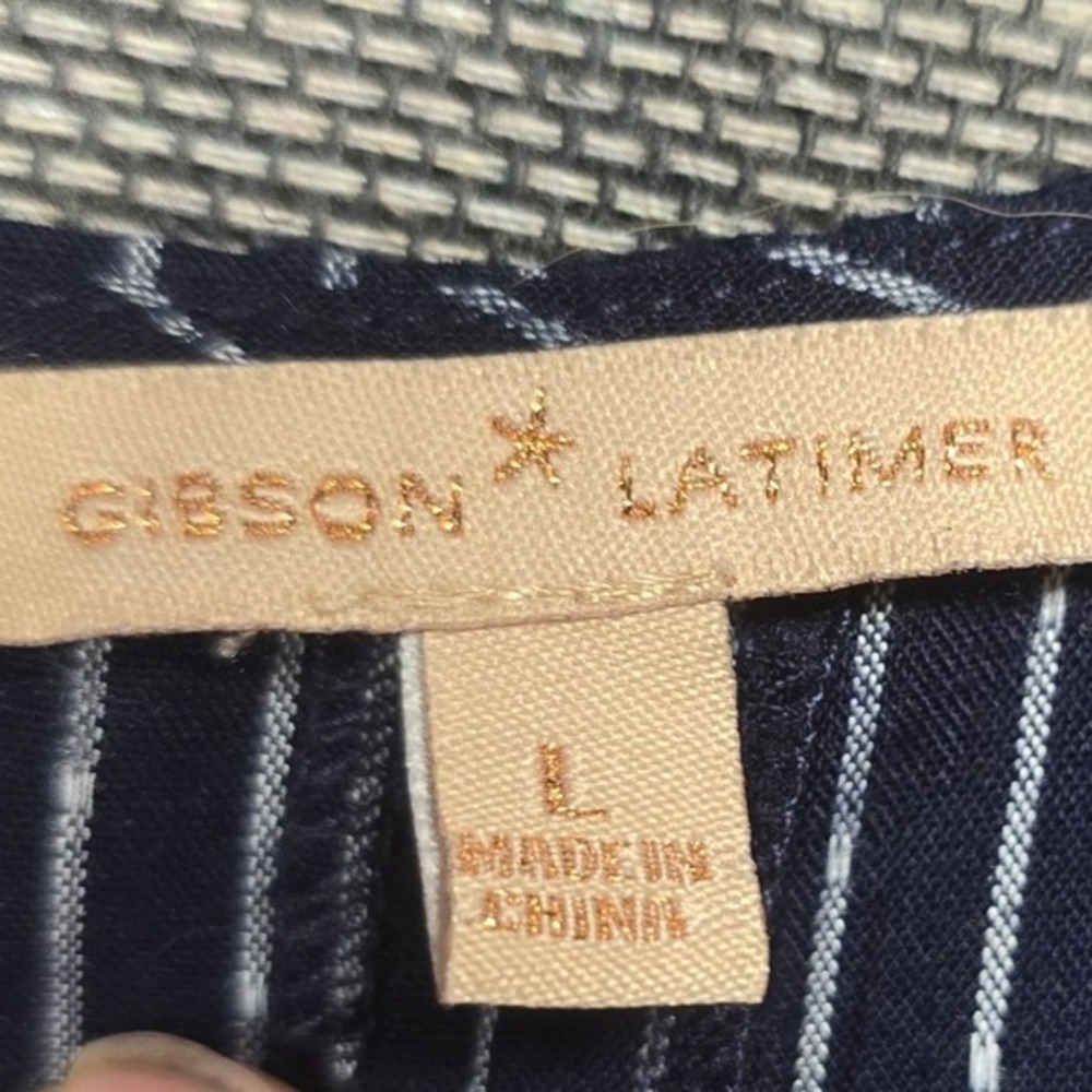 Gibson Latimer Navy Blue White Striped Tie Waist Bell Sleeve Blouse LA1199LYW L - Picture 2 of 8